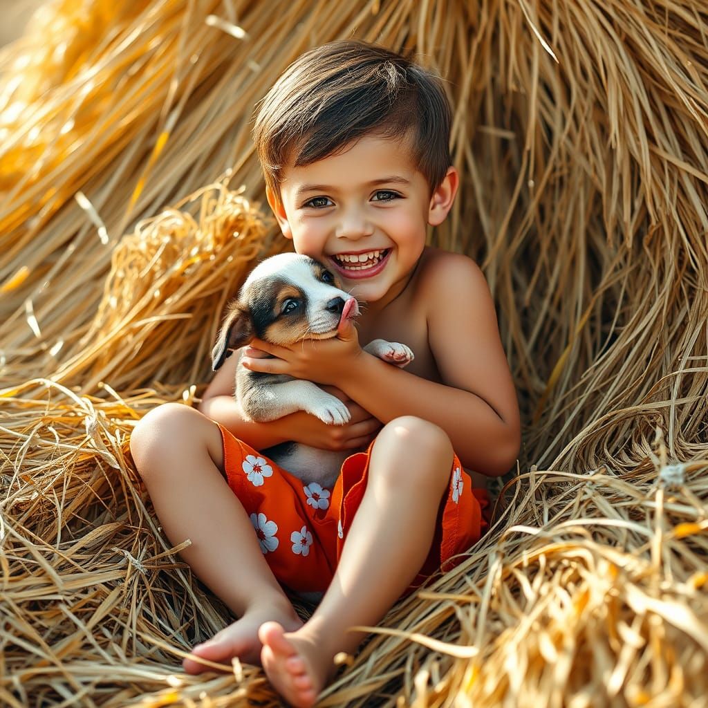 Boy in Haystack with Puppy: a Heartwarming Portrait