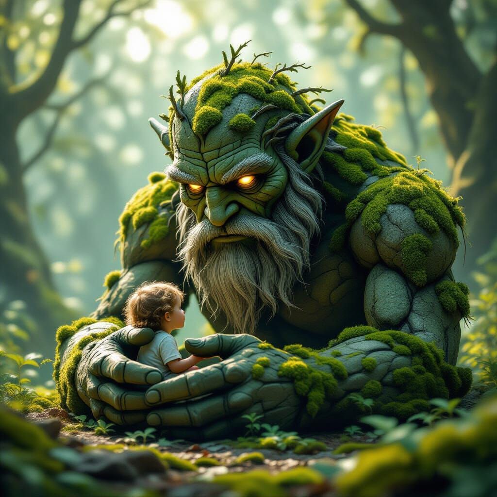 Moss Golem Protecting Boy in Hyperrealistic Scene