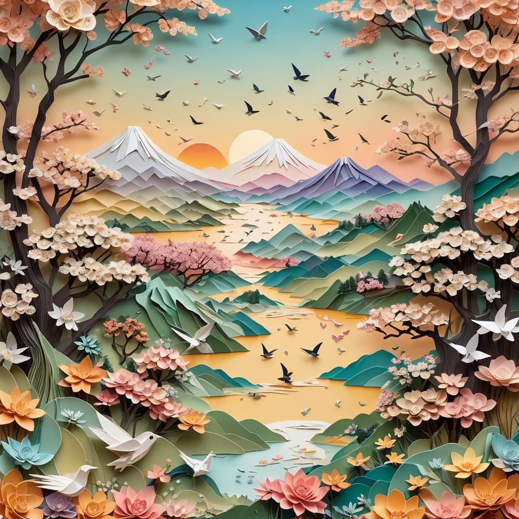 Japanese Serenity: Origami Birds in a Pastel Paradise