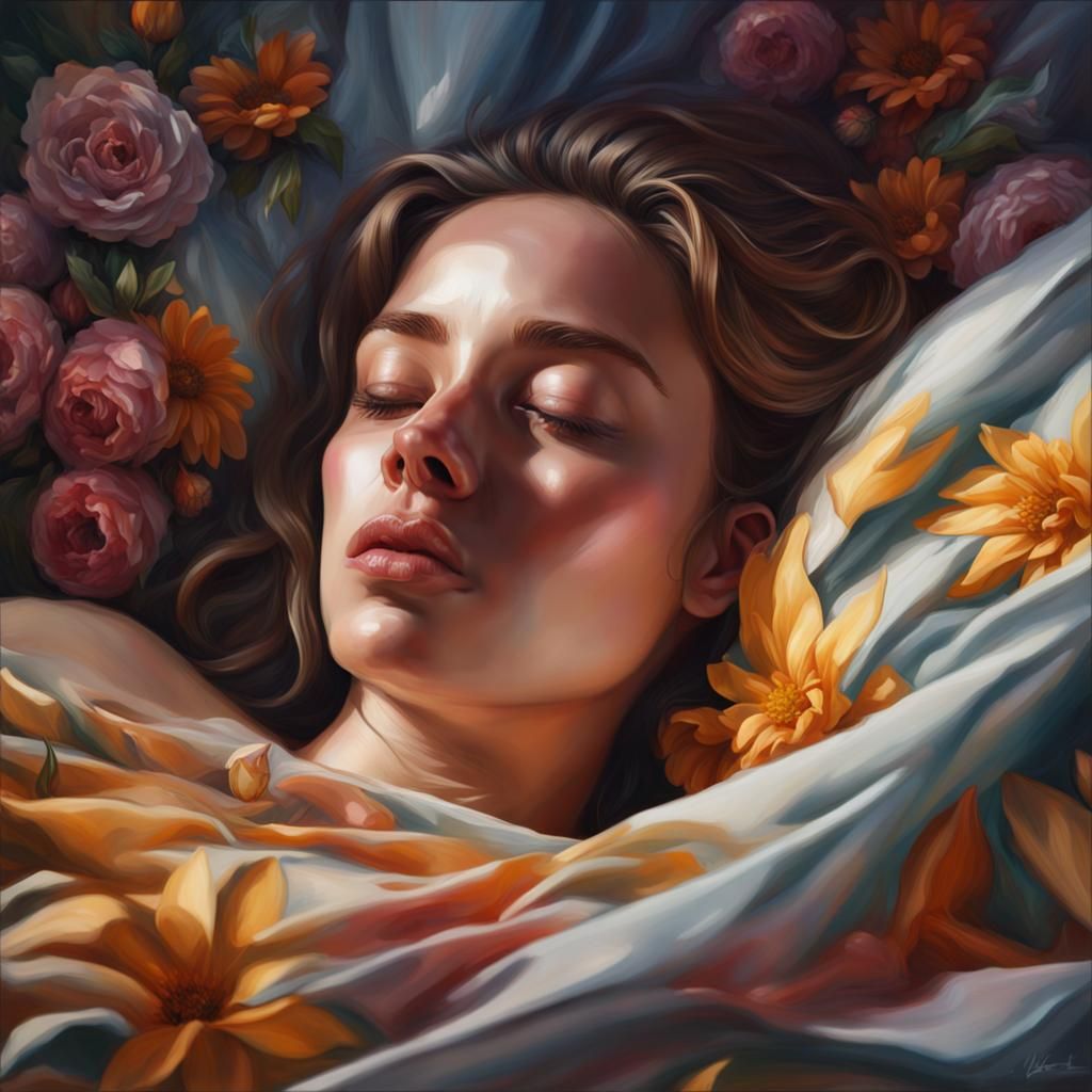 Woman Sleeping in Floral Sheets in Hyperrealistic Style