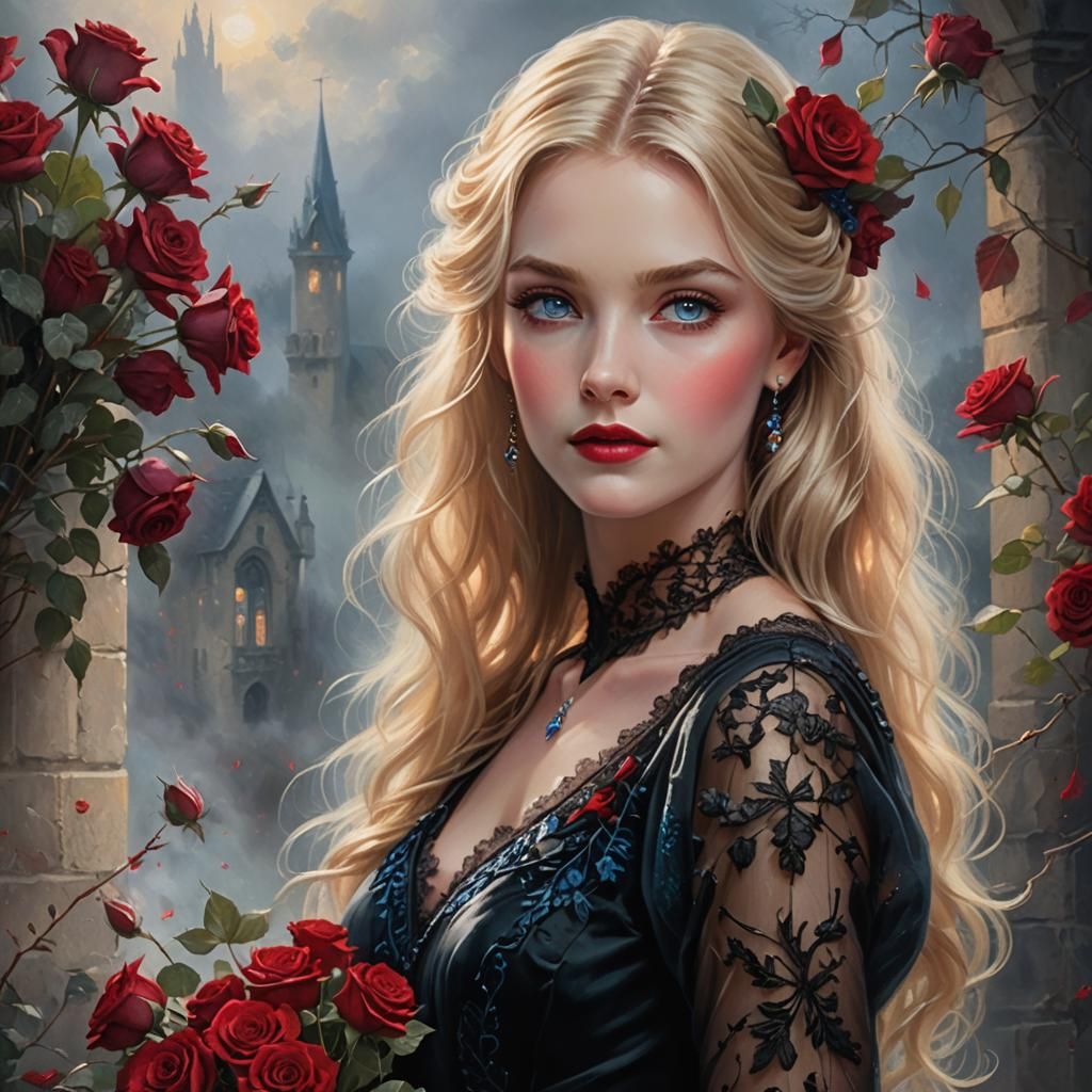 Blond Woman with Rose Bouquet in Ethereal Style