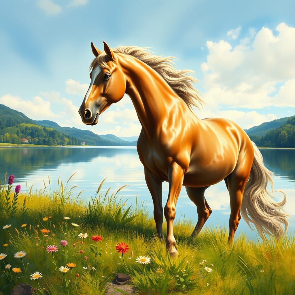 Elegant Horse Reflects in Serene Lake Landscape