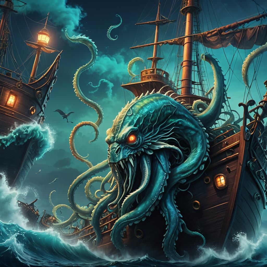 Dramatic Hyperrealistic Kraken Emerge from Dark Ocean Depths