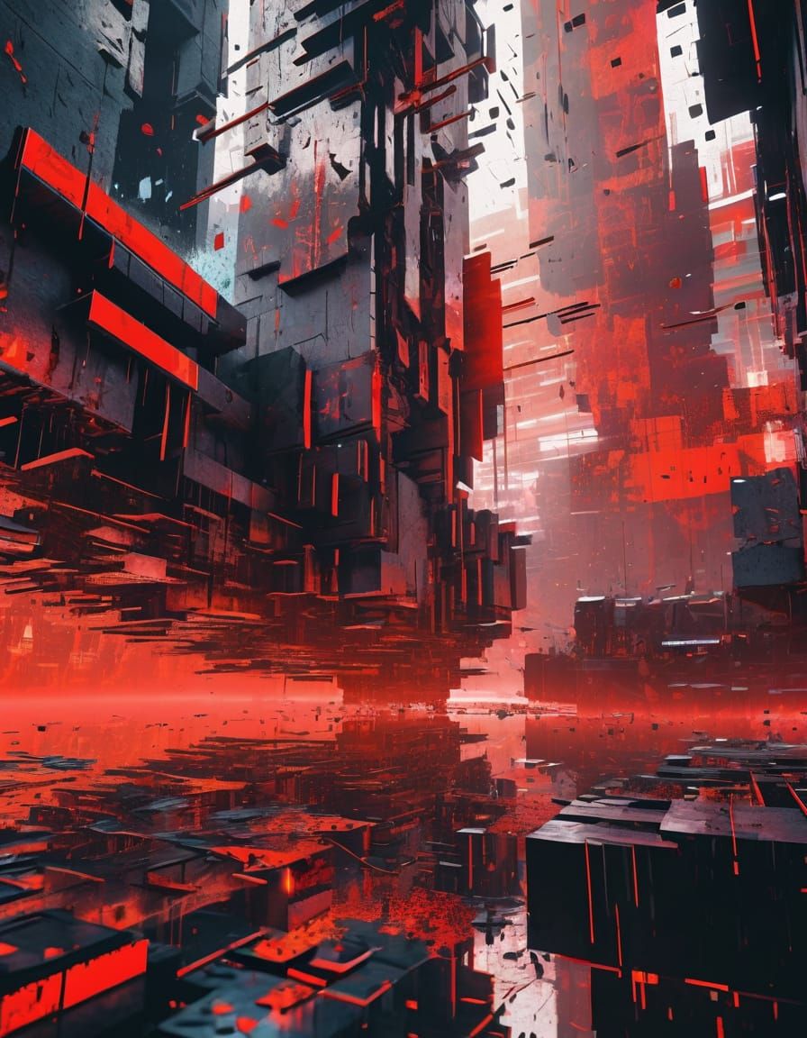 Brutalist Cyberpunk Cityscape with Shattered Mirror