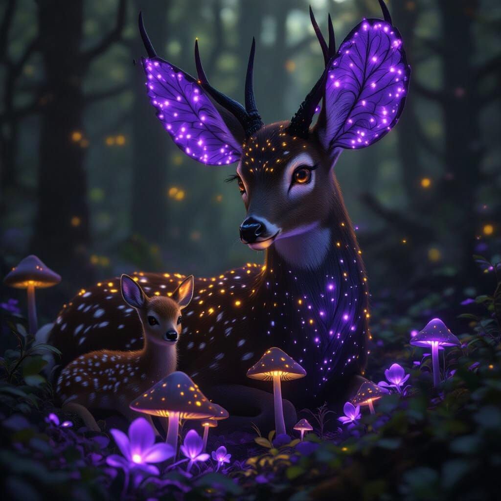 fantasy deer with fawn in a glowing forest. there are glowin...