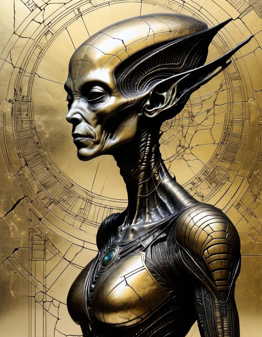 Alien Girl Silhouette in Ancient Art Style