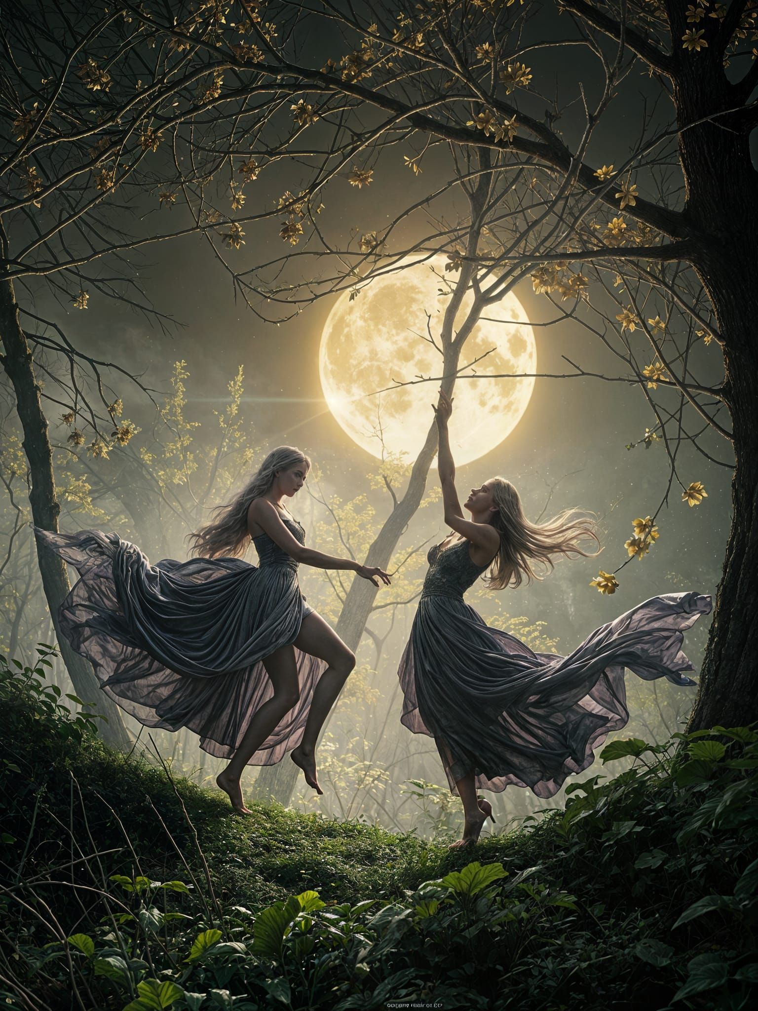 Women Dancing Under Harvest Moon in Silver Dresses