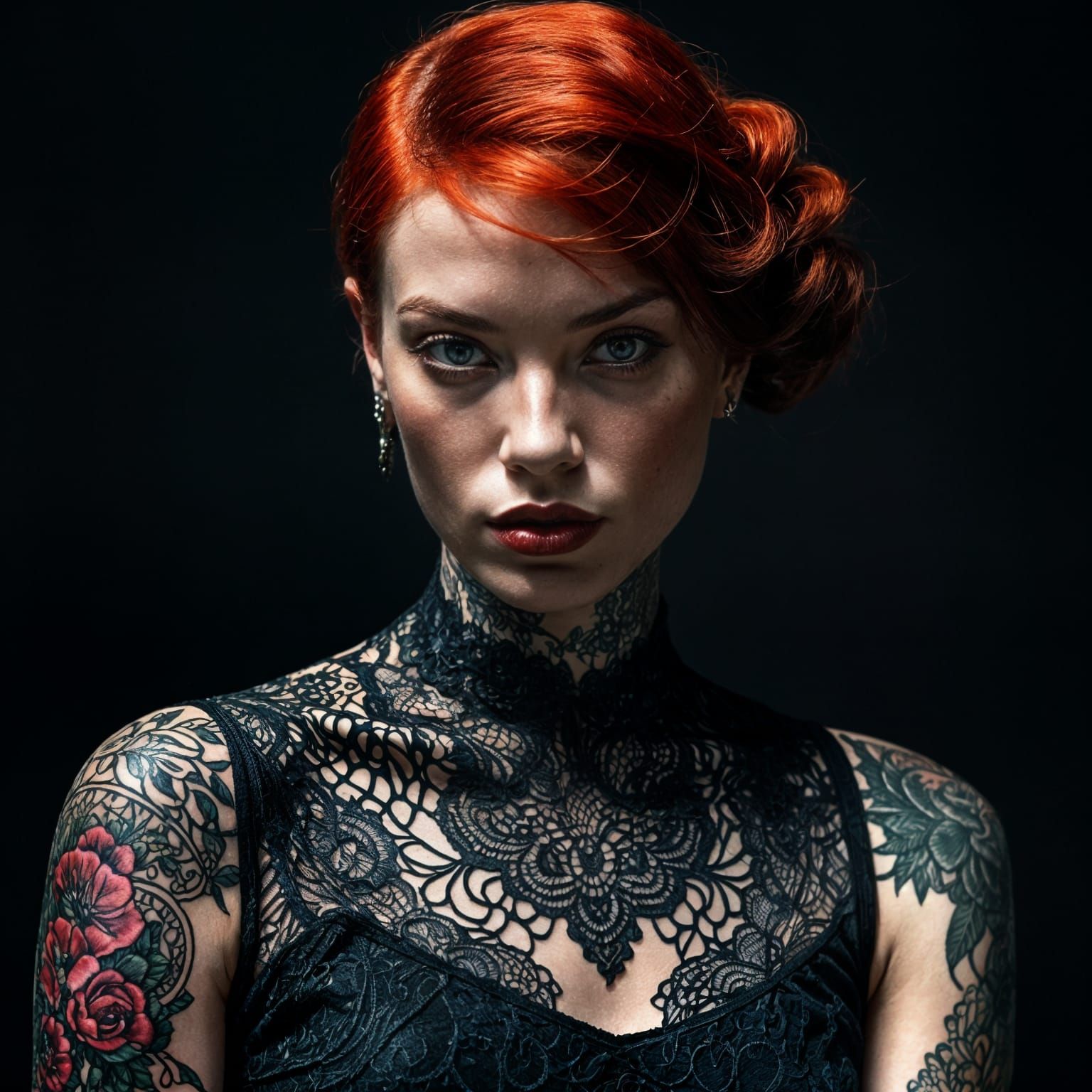 Vintage Tattooed Woman in Black Lace Portrait