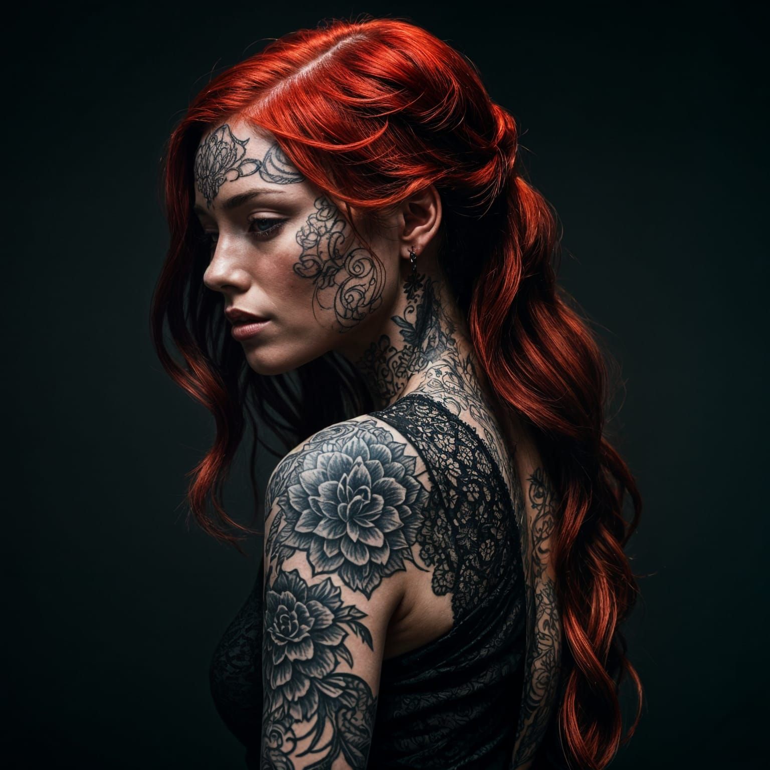 Vintage Tattooed Woman in Lace Portrait