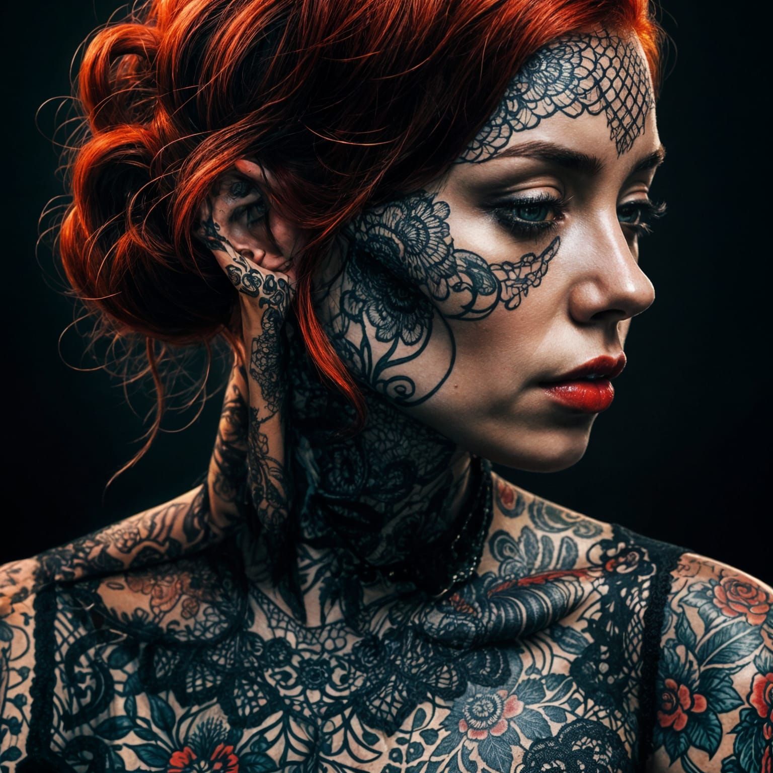 Vintage Tattooed Woman in Lace: Photorealistic Portrait