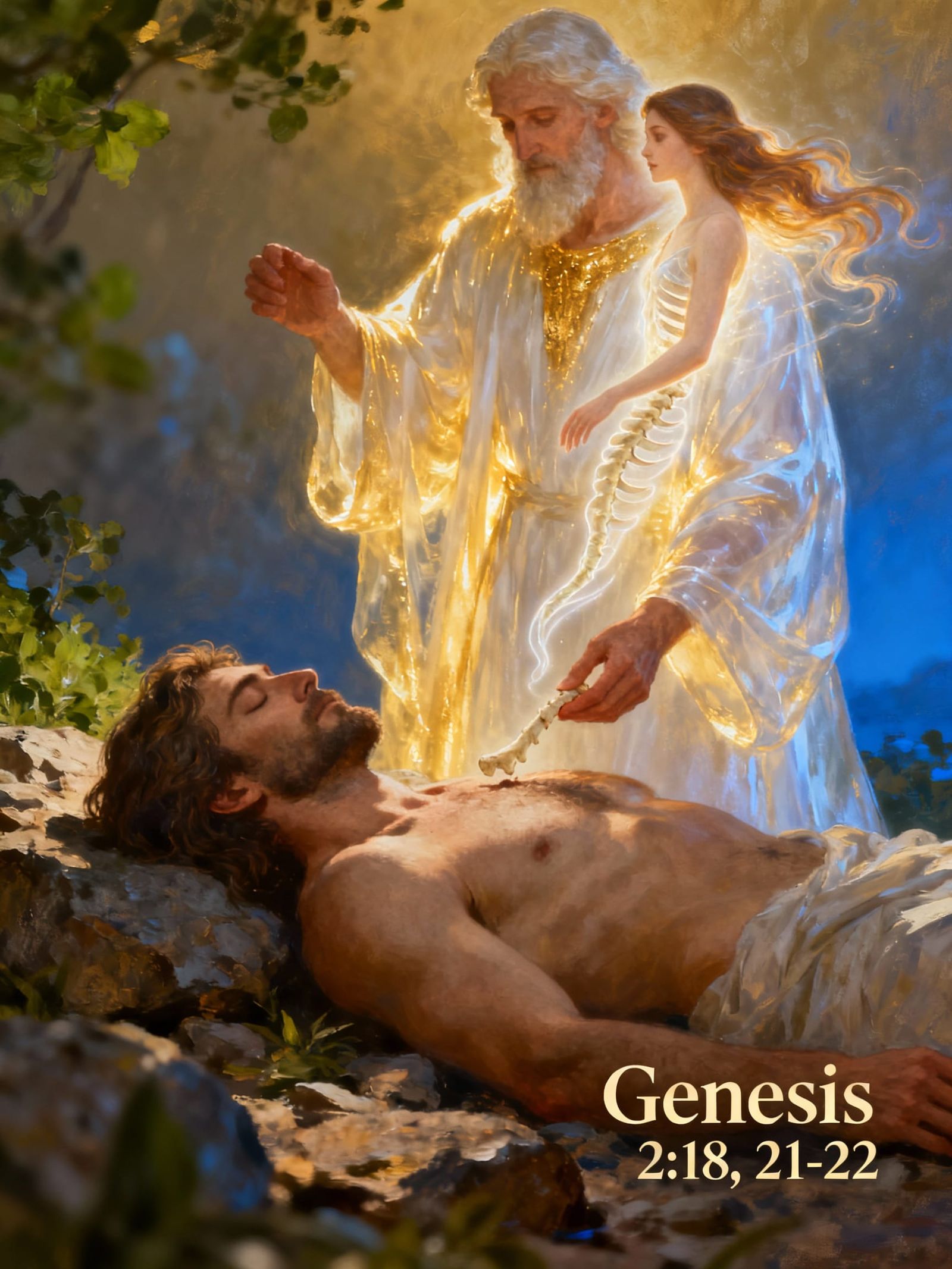 Biblical Artwork: Adam and Eve's Creation in Painterly Style