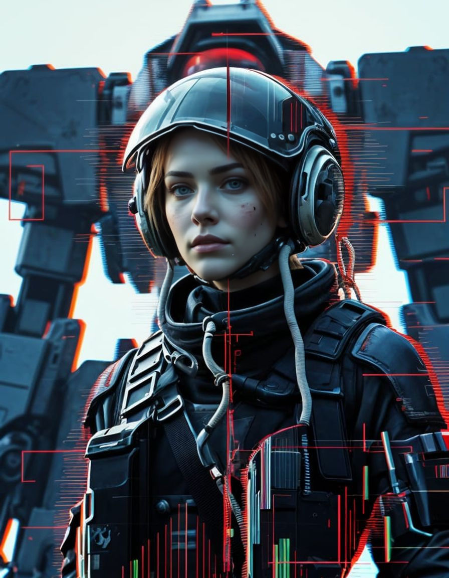 Glitch Art Portrait of Sci-Fi Pilot and Mech