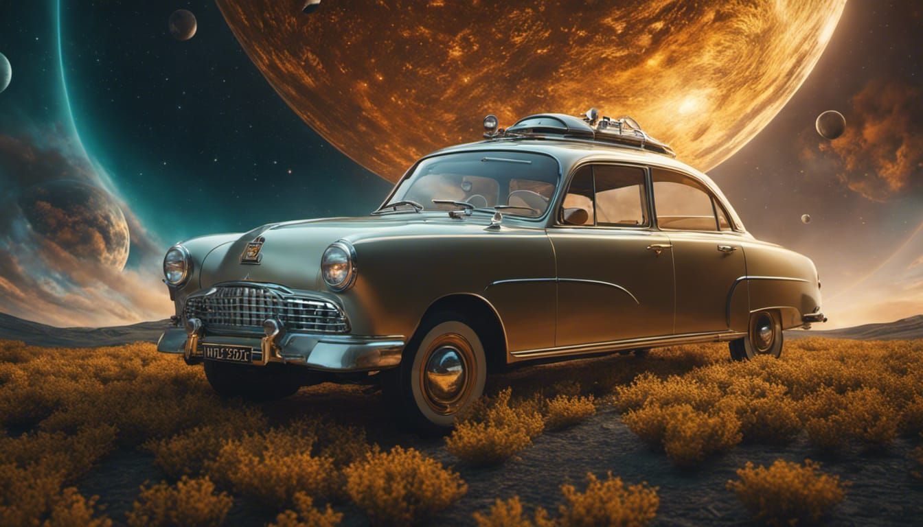 Car Floating in Cosmic Space, Surreal Digital Art