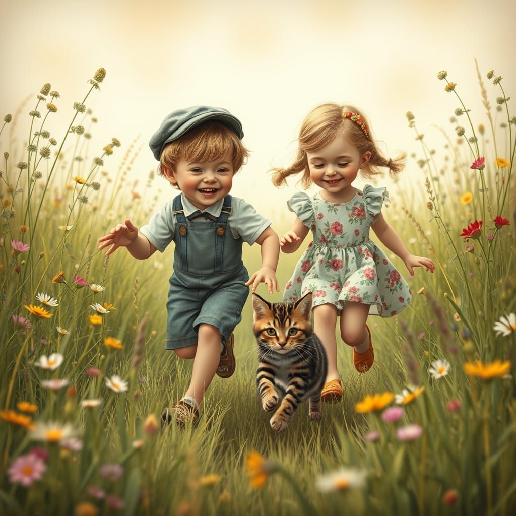 Whimsical Children Chase Kitten in Vibrant Meadow