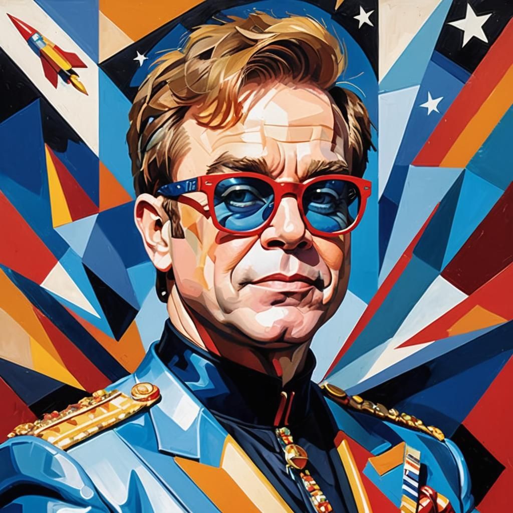 Realistic portrait of Elton  John as rocket man,cubism style