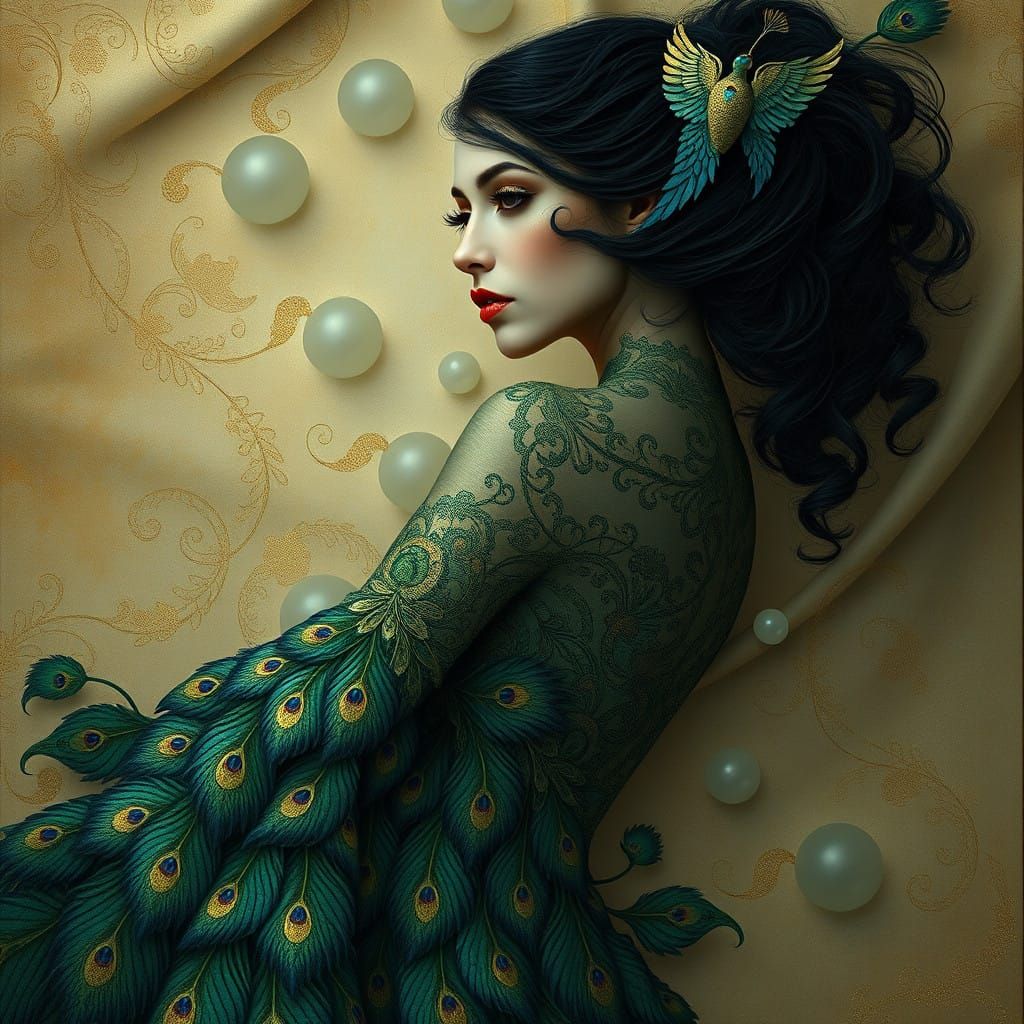 Mystical Art Nouveau Goddess in Peacock Gown