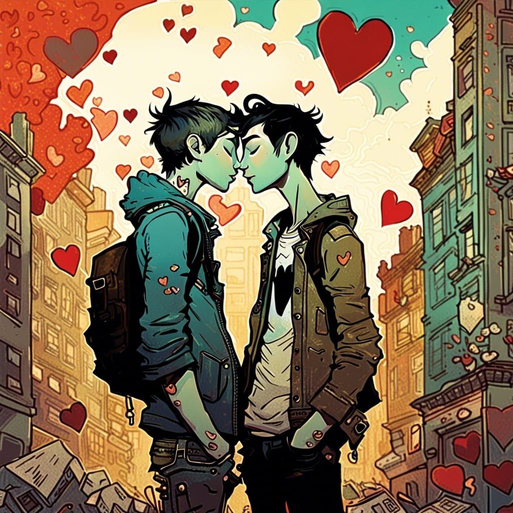 Gay Teenage Couple Kissing in Grungy City
