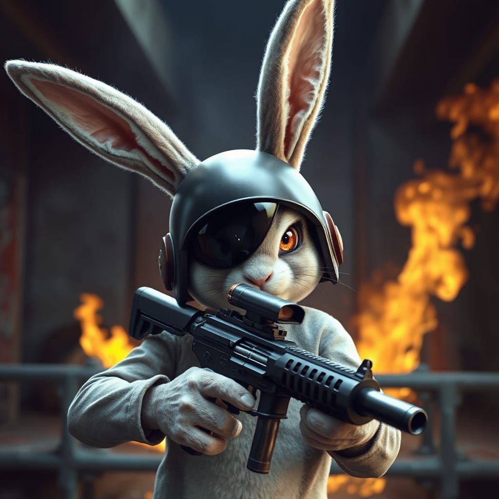 Bugs Bunny in a Dark Dystopian Future, Wielding Advanced Mac...