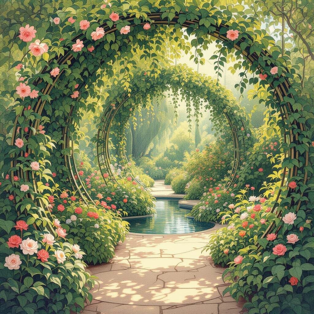 Art Nouveau Garden With Flowing Lines and Floral Details