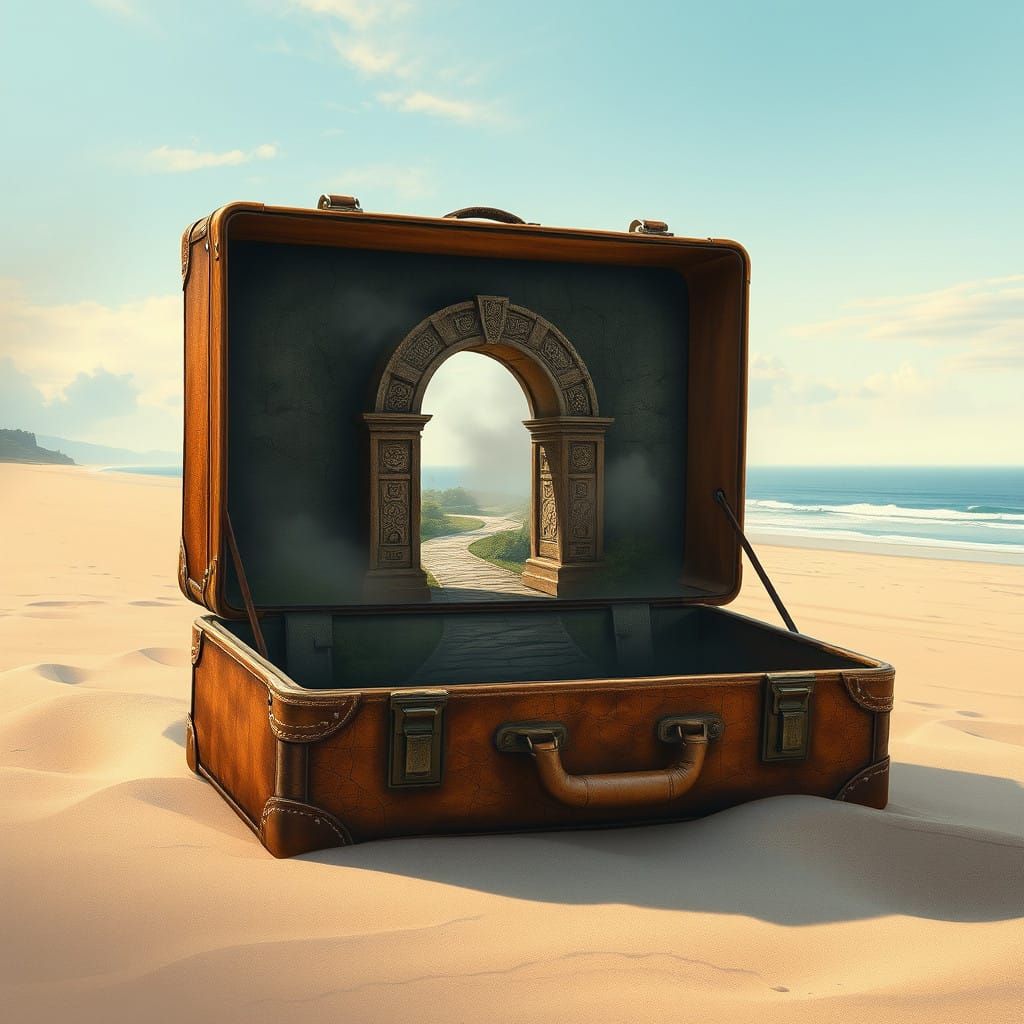 Surreal Beach Scene with Vintage Suitcase as Magical Portal ...