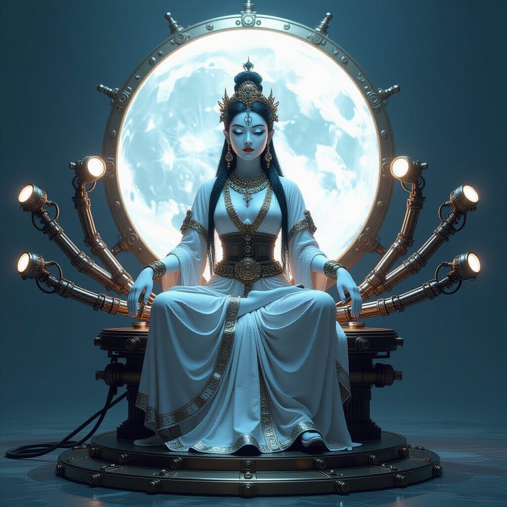 Steampunk Moon Tara Deity Seated on Lunar Engine