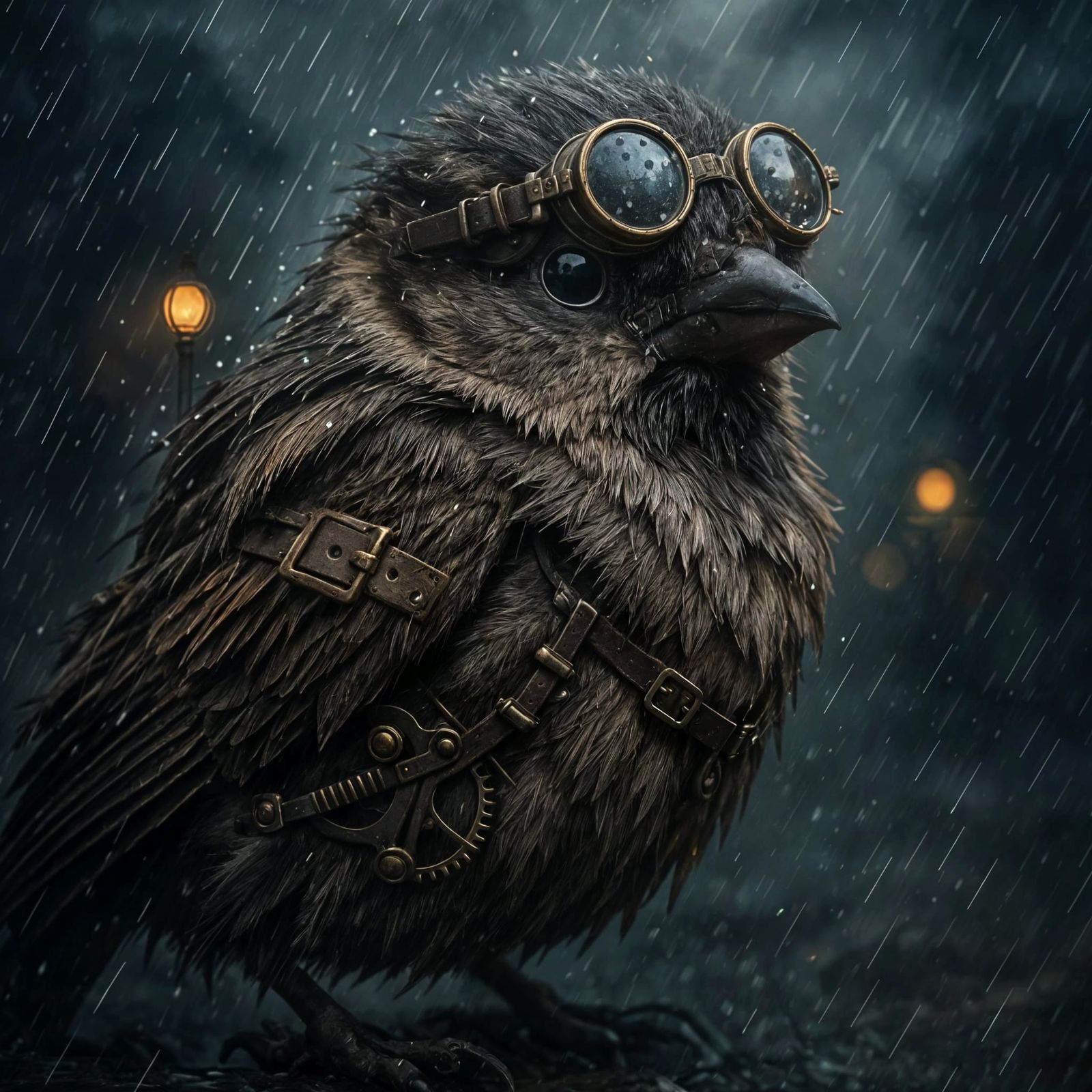 Steampunk Sparrow in Rainstorm: Photorealistic Digital Art