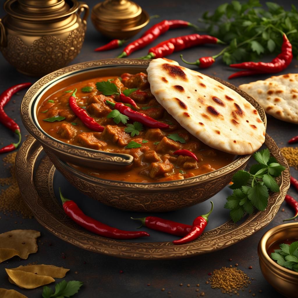 Spicy Indian Curry with Naan Bread, Digital Painting