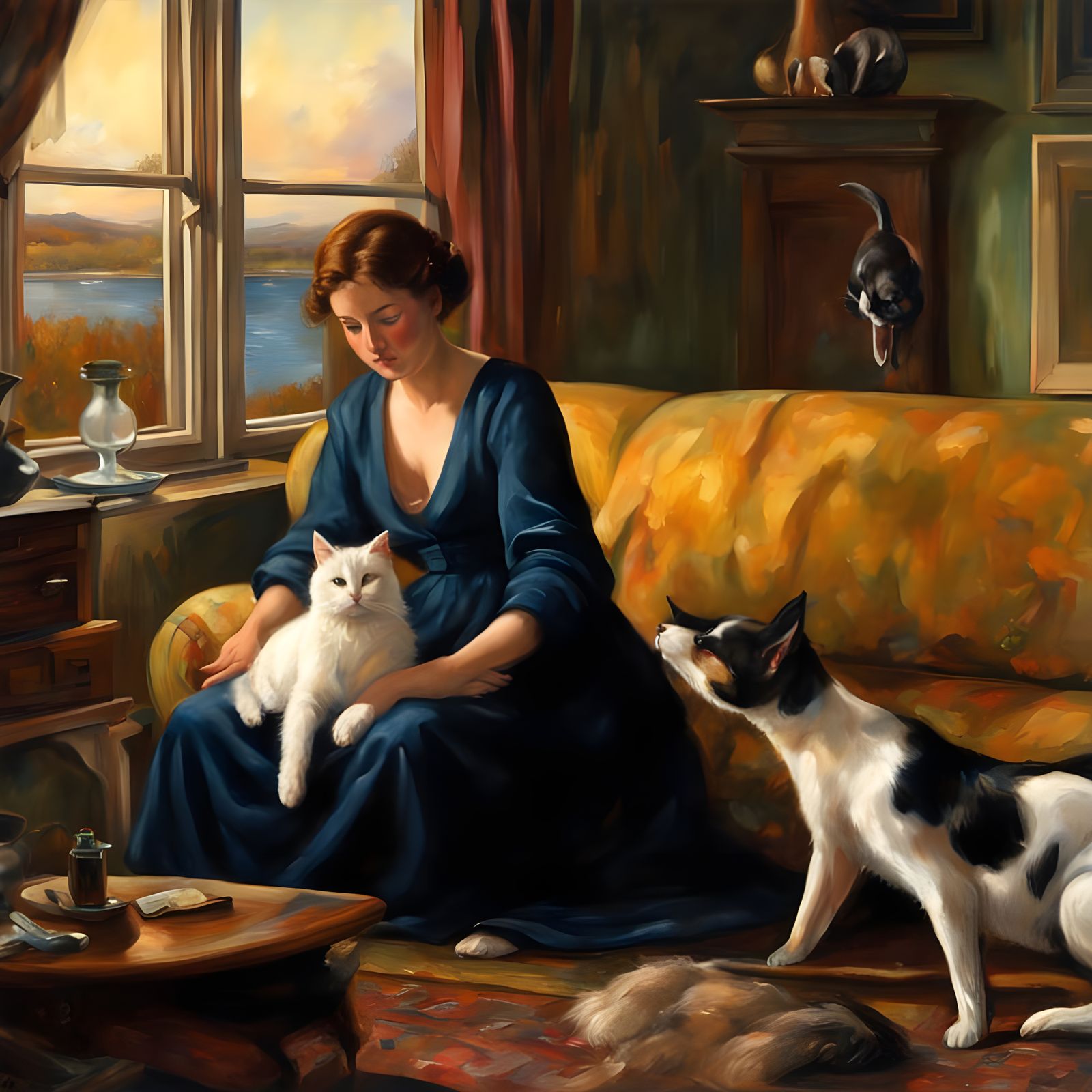 River Water Floods Cozy Living Room in a Weeping Oil Portrai...