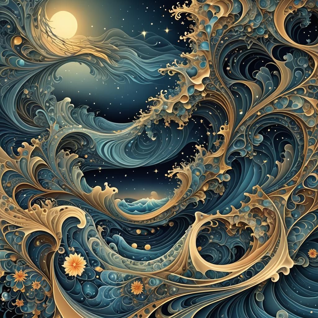 Summer Night Seascape with Abstract Fractal Elements