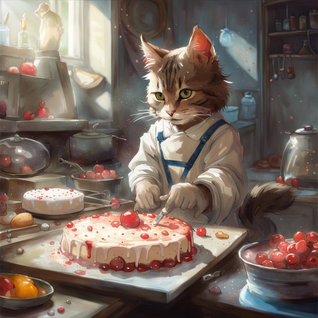 Anime Cat Baking Cake: Detailed Isekai Art