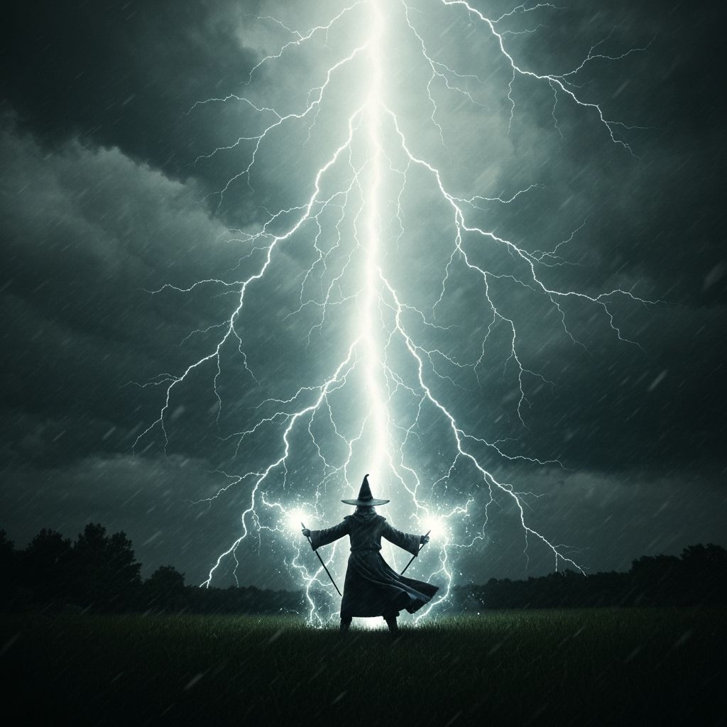 Wizard Unleashes Epic Lightning Blast in Windswept Meadow