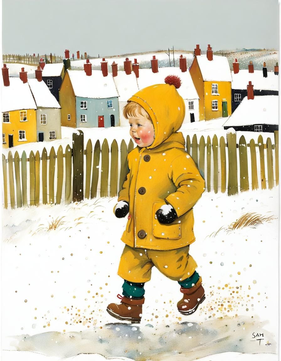 Boy in Yellow Suit Plays in Snow, Naive Art Style