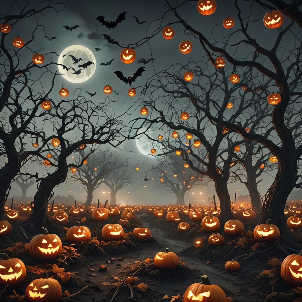 Eerie Pumpkin Patch in a Dark Fantasy Style