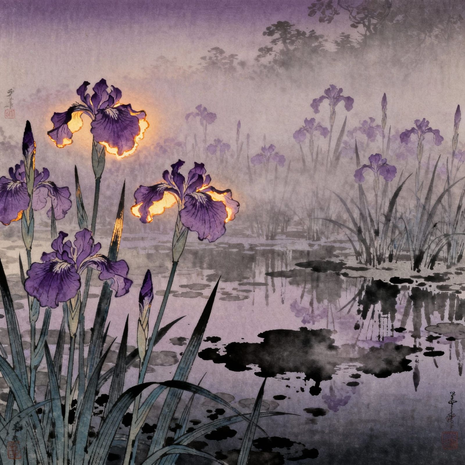 Ukiyo-e Iris Masterpiece in Golden Hour Mist