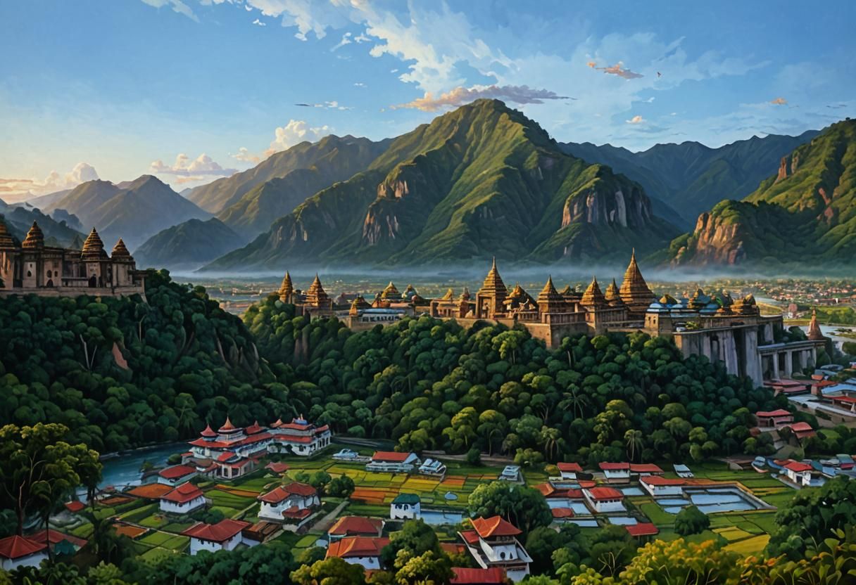 Ancient Mountain Civilization Unfolds with Vibrant Oil Paint...