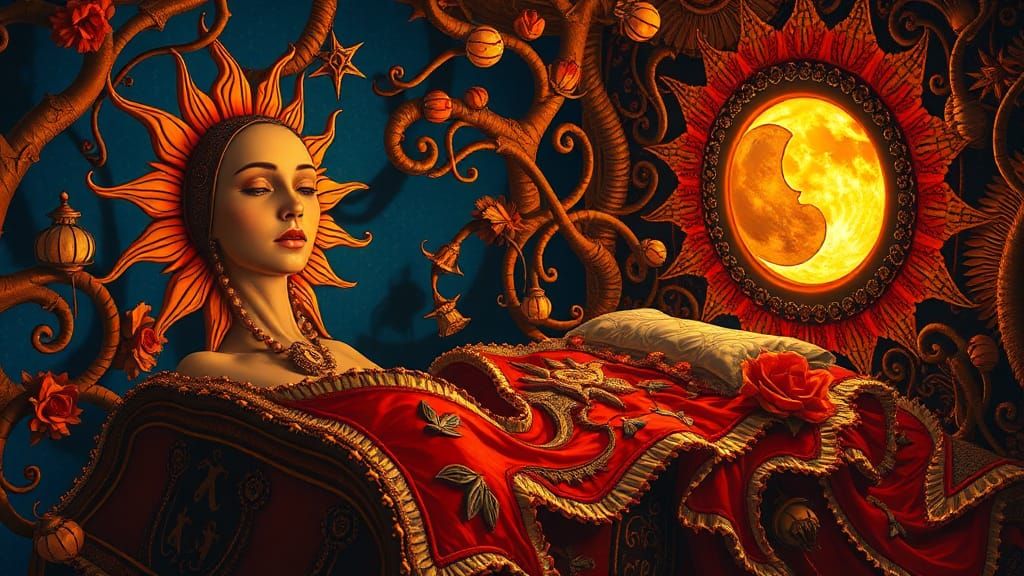 Celestial Woman in Surreal Artisanal Bed