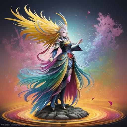 Dragon Peacock Woman in Anime Style with Flowers