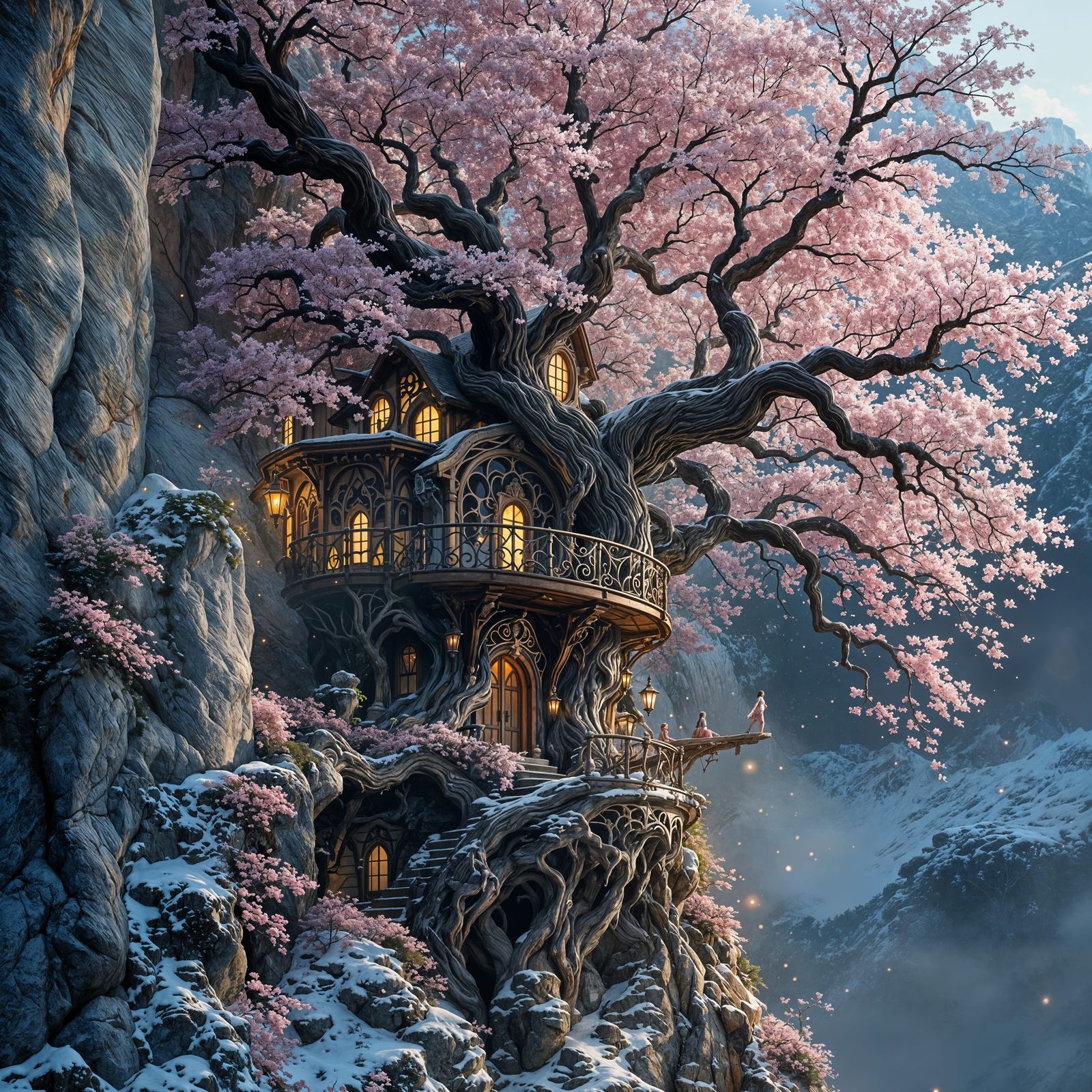 Ethereal Treehouse Nestled in a Whimsical Pink Blossom Lands...