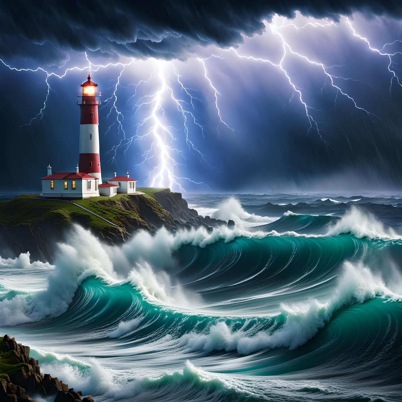 Ocean Lightning Storm with Lighthouse: Digital Art