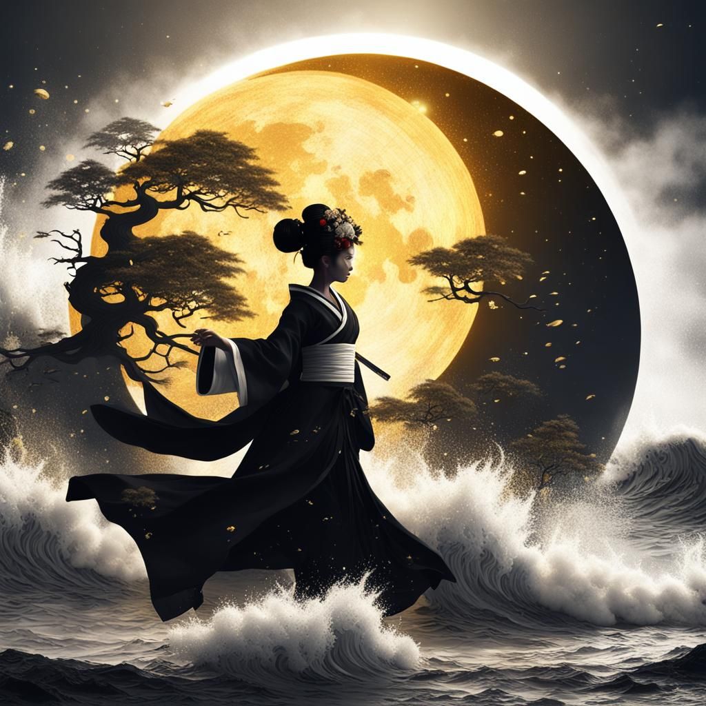 Geisha Silhouette with Golden Moon: Fantasy Concept Art