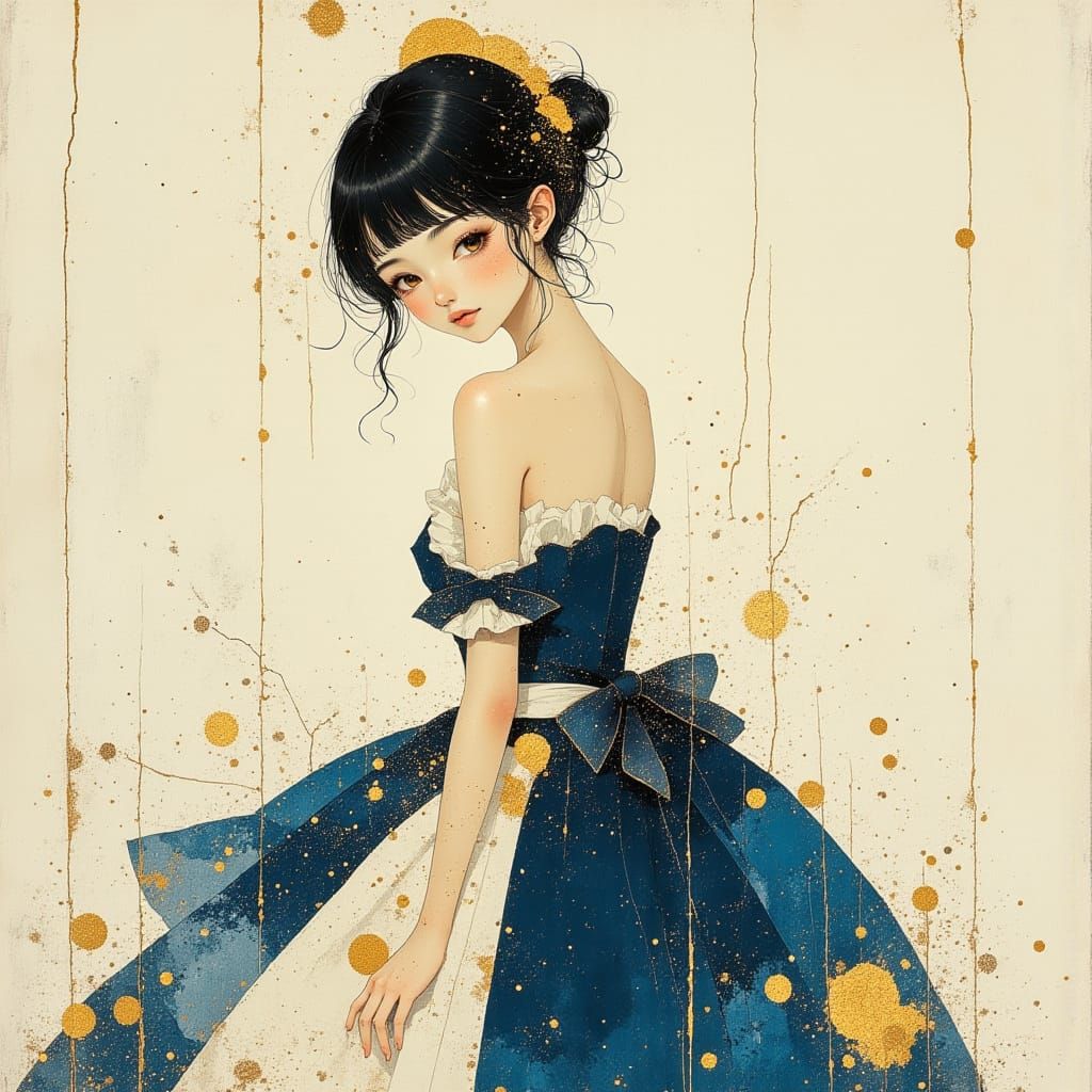 Elegant Woman in Blue: Art Nouveau Illustration