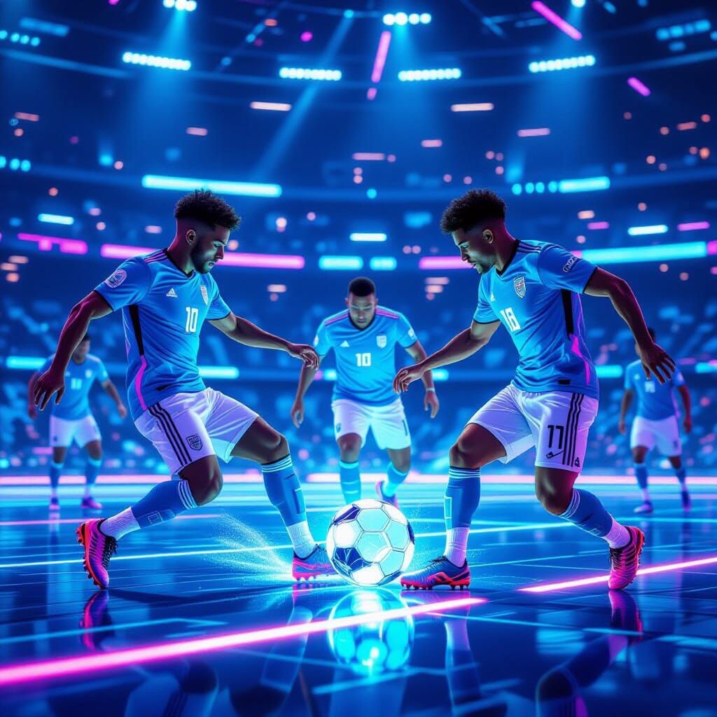 Futuristic Galactic Soccer Match in Neon Zero-Gravity Field