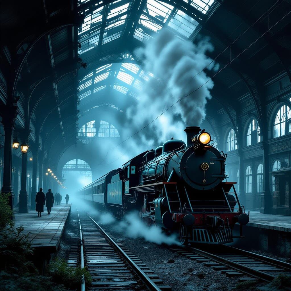 Ghostly Victorian Train Station in Dark Fantasy Style