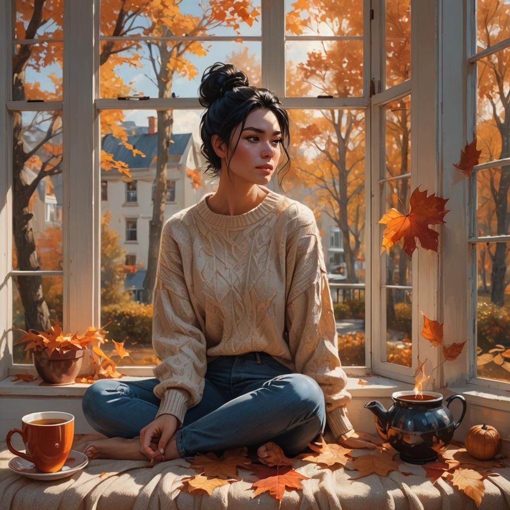 Dreamy Woman Enjoys Autumn View, Digital Art