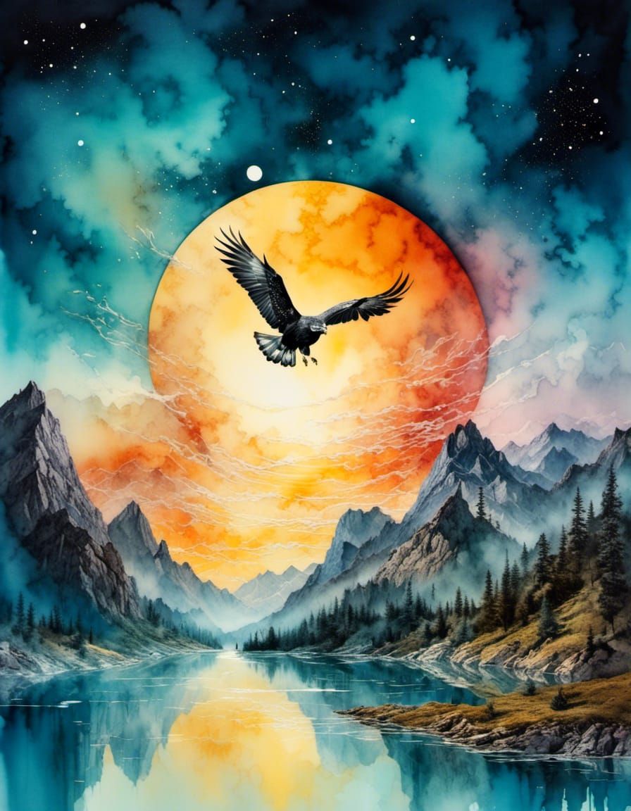 Fantasy Double Exposure Watercolor Landscape