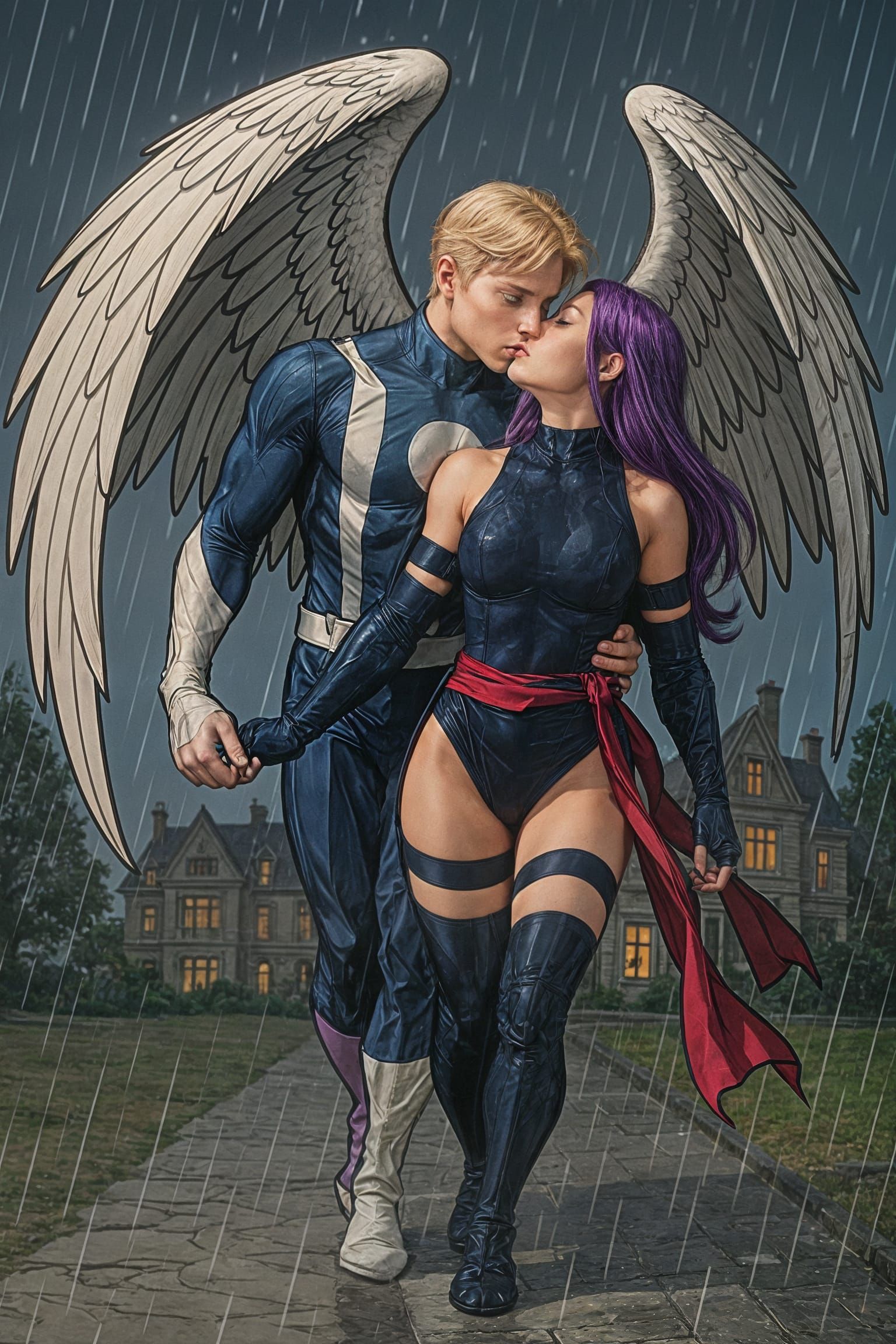 X-Men Angel Shields Psylocke from Rain in Romantic Moment