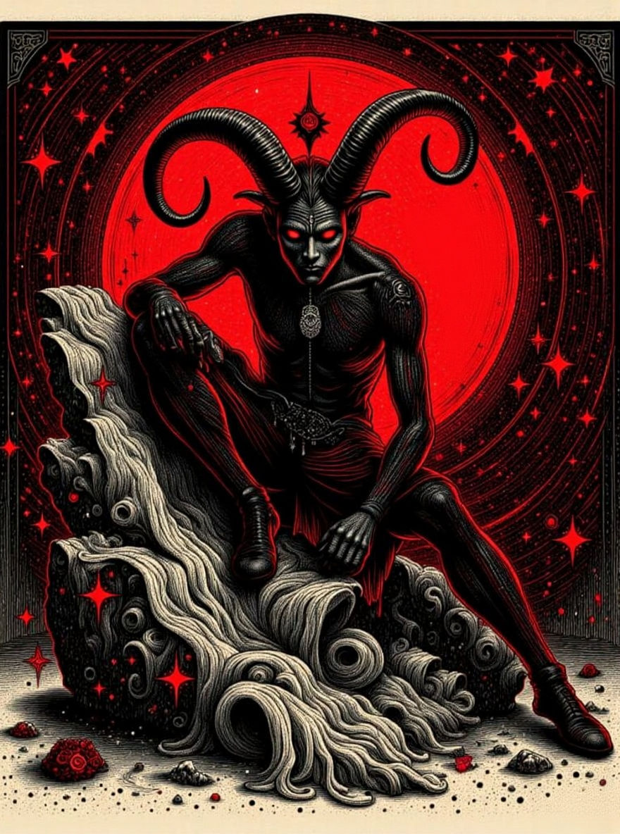 Demonic Figure in Crimson Noir Linocut Style