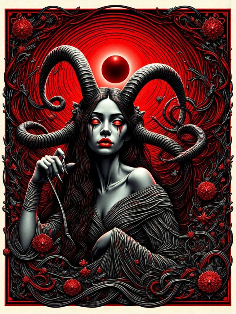 Grotesque Demonic Figure in Crimson Linocut Style