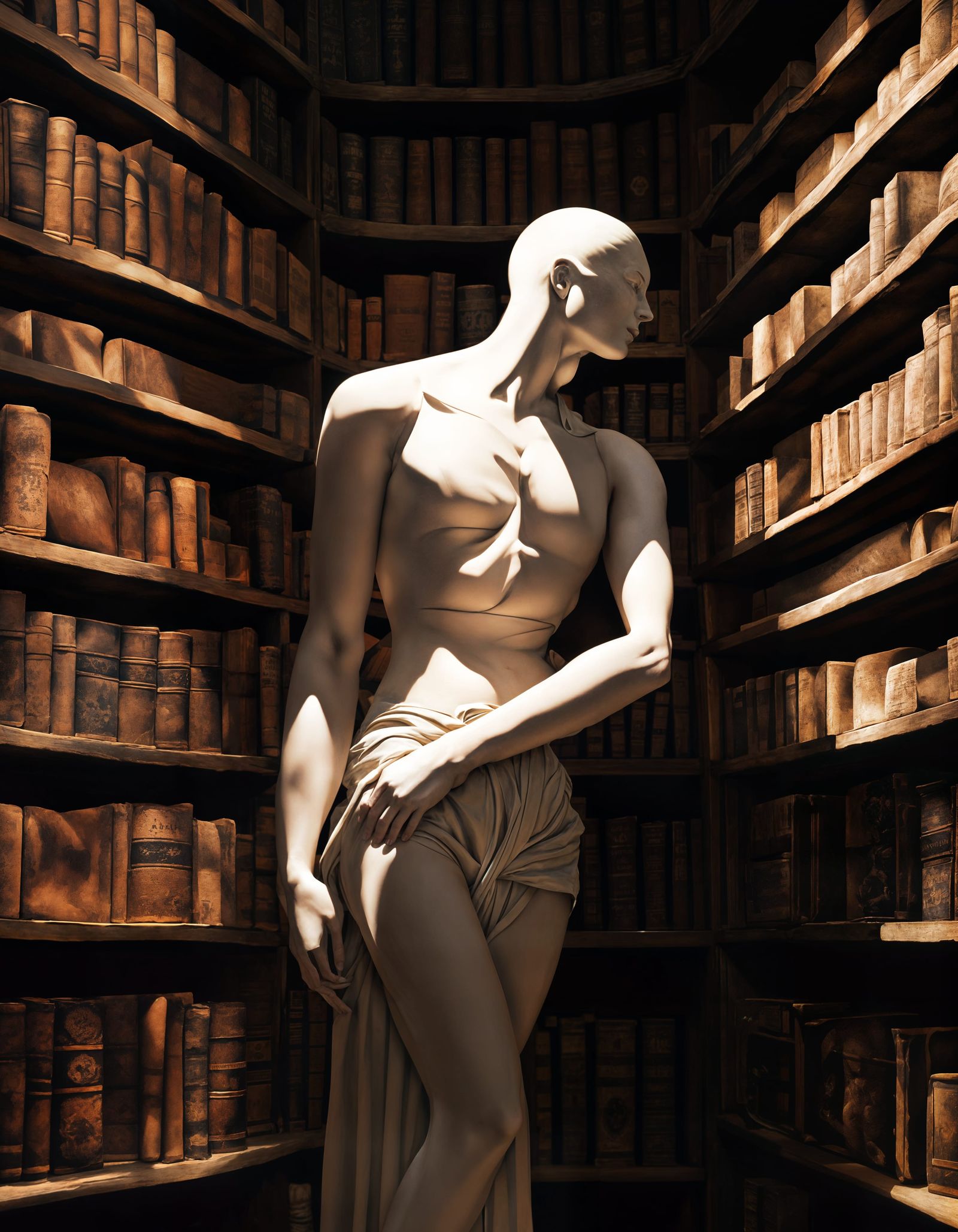 Mannequin in Dimly Lit Library with Chiaroscuro Lighting