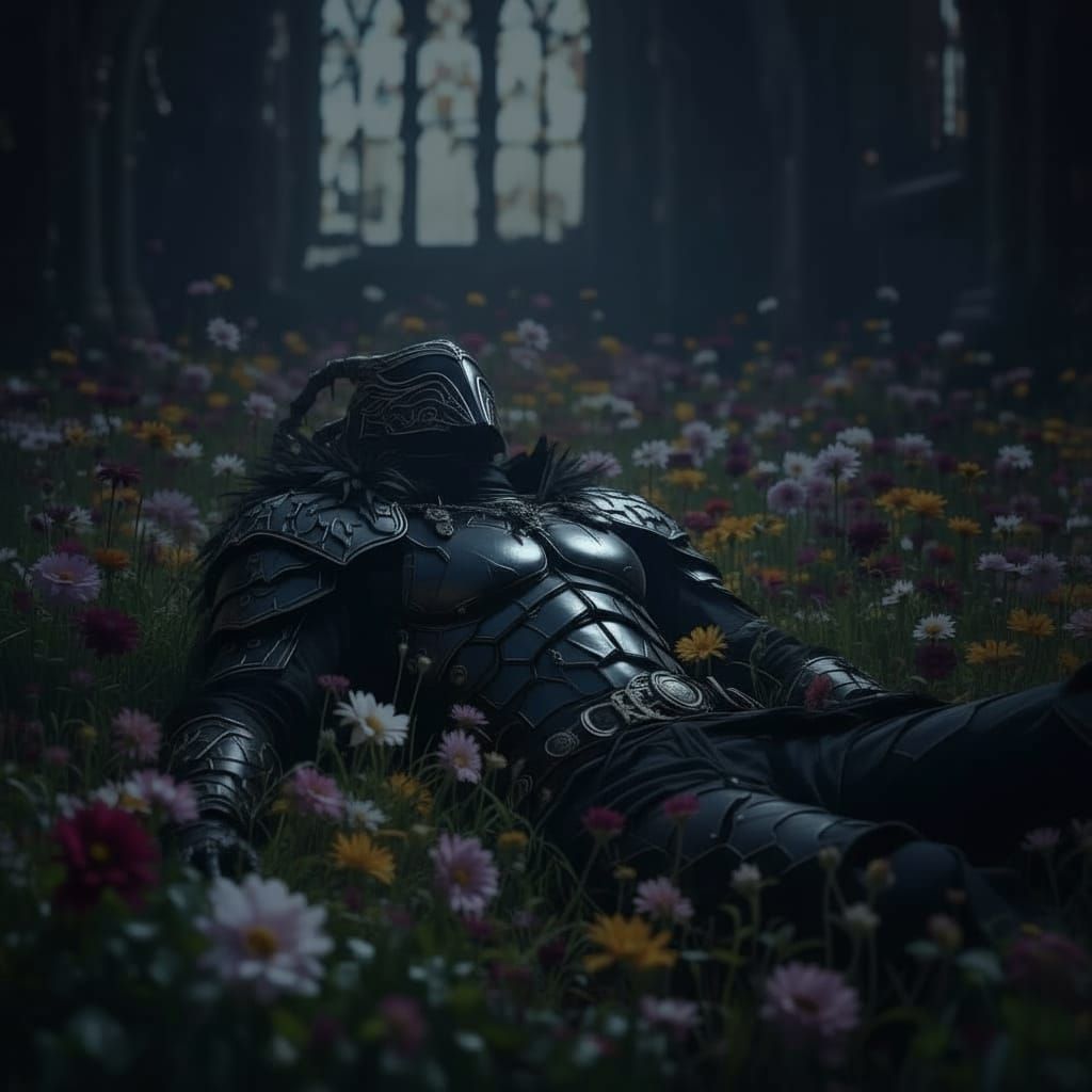 Warrior in Scorpion Helmet Rests in Flower Field